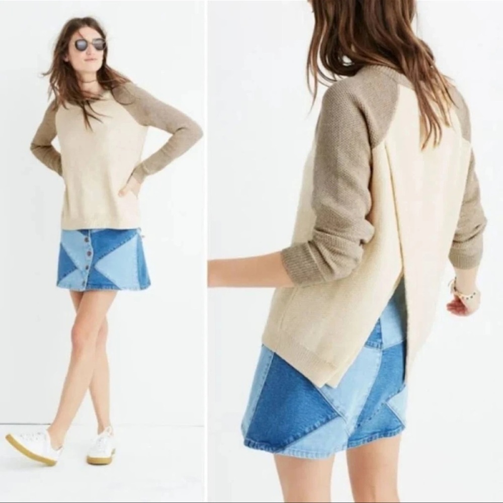 Madewell Cream and Tan Province Cross-Back Colorblock Knit Pullover Crewneck,Med